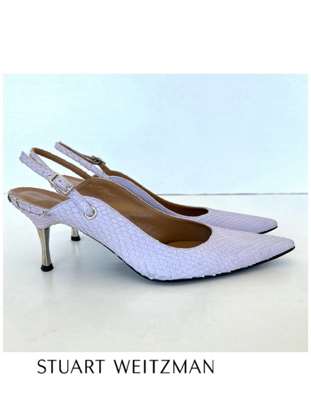 STUART WEITZMAN Lavender Snake Leather Silver Metal Heel Slingback Pump Sz 8.5 M